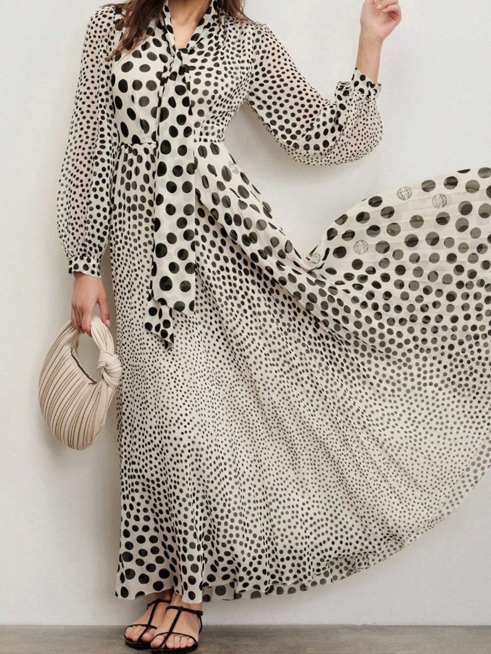 Multicolor Elegant Women's Polka Dot Bishop Sleeve Long A-Line Dress